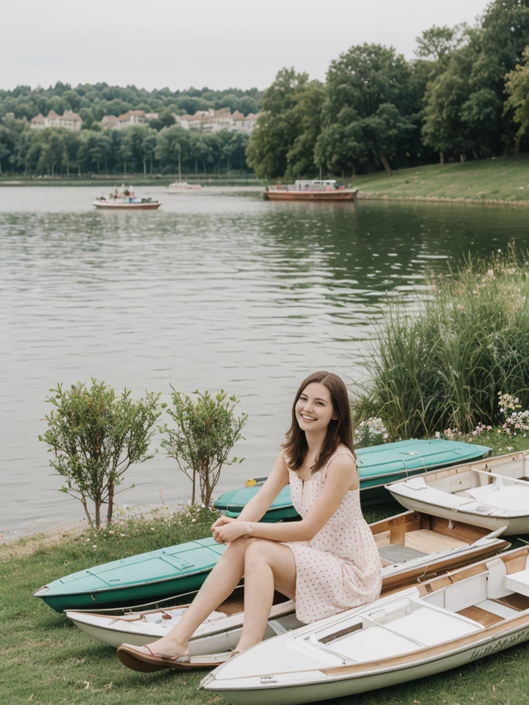 her name is Elle, high quality, 1girl, ((20-year-old fit Caucasian woman)), ((20 years old)), ((fit)), ((pale skin)), short length straight dark hair , wearing Pastel Mint Polka Dot Sundress, pose: sitting on a chair, background: Capture the serene beauty of a lakeside park in a European city, with people strolling along the paths, boats gently gliding on the water, and families enjoying picnics on the grass