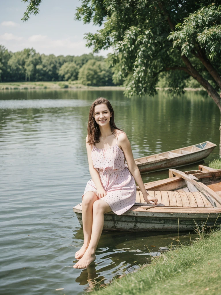 her name is Elle, high quality, 1girl, ((20-year-old fit Caucasian woman)), ((20 years old)), ((fit)), ((pale skin)), short length straight dark hair , wearing Pastel Mint Polka Dot Sundress, pose: sitting on a chair, background: Capture the serene beauty of a lakeside park in a European city, with people strolling along the paths, boats gently gliding on the water, and families enjoying picnics on the grass