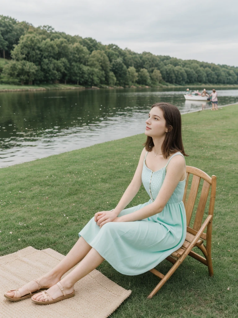 her name is Elle, high quality, 1girl, ((20-year-old fit Caucasian woman)), ((20 years old)), ((fit)), ((pale skin)), short length straight dark hair , wearing Pastel Mint Polka Dot Sundress, pose: sitting on a chair, background: Capture the serene beauty of a lakeside park in a European city, with people strolling along the paths, boats gently gliding on the water, and families enjoying picnics on the grass
