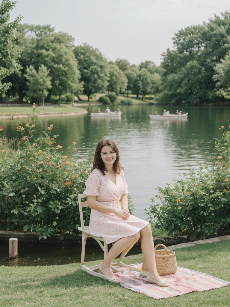 her name is Elle, high quality, 1girl, ((20-year-old fit Caucasian woman)), ((20 years old)), ((fit)), ((pale skin)), short length straight dark hair , wearing Pastel Mint Polka Dot Sundress, pose: sitting on a chair, background: Capture the serene beauty of a lakeside park in a European city, with people strolling along the paths, boats gently gliding on the water, and families enjoying picnics on the grass