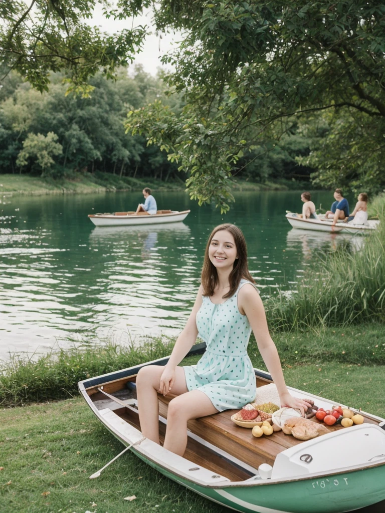 her name is Elle, high quality, 1girl, ((20-year-old fit Caucasian woman)), ((20 years old)), ((fit)), ((pale skin)), short length straight dark hair , wearing Pastel Mint Polka Dot Sundress, pose: sitting on a chair, background: Capture the serene beauty of a lakeside park in a European city, with people strolling along the paths, boats gently gliding on the water, and families enjoying picnics on the grass