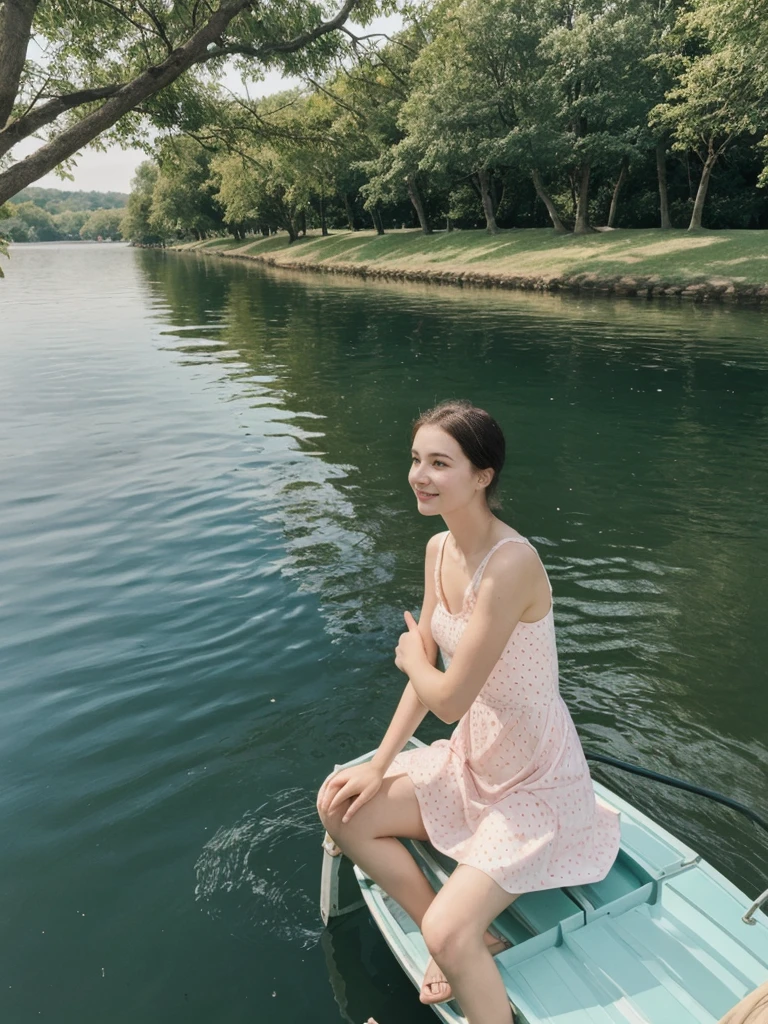 her name is Elle, high quality, 1girl, ((20-year-old fit Caucasian woman)), ((20 years old)), ((fit)), ((pale skin)), short length straight dark hair , wearing Pastel Mint Polka Dot Sundress, pose: sitting on a chair, background: Capture the serene beauty of a lakeside park in a European city, with people strolling along the paths, boats gently gliding on the water, and families enjoying picnics on the grass