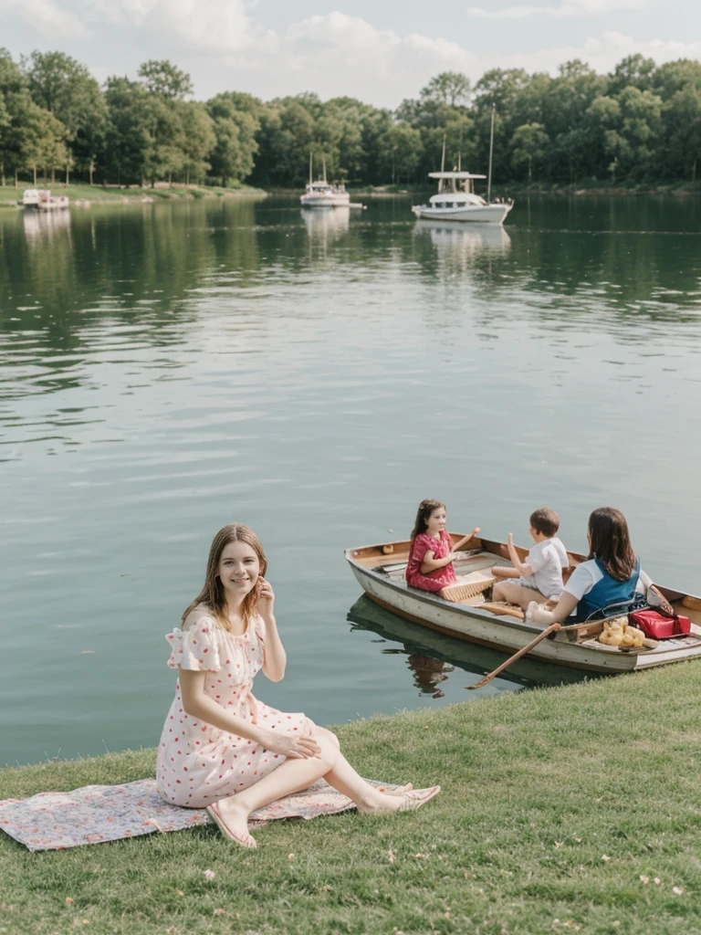 her name is Elle, high quality, 1girl, ((20-year-old fit Caucasian woman)), ((20 years old)), ((fit)), ((pale skin)), short length straight dark hair , wearing Pastel Mint Polka Dot Sundress, pose: sitting on a chair, background: Capture the serene beauty of a lakeside park in a European city, with people strolling along the paths, boats gently gliding on the water, and families enjoying picnics on the grass