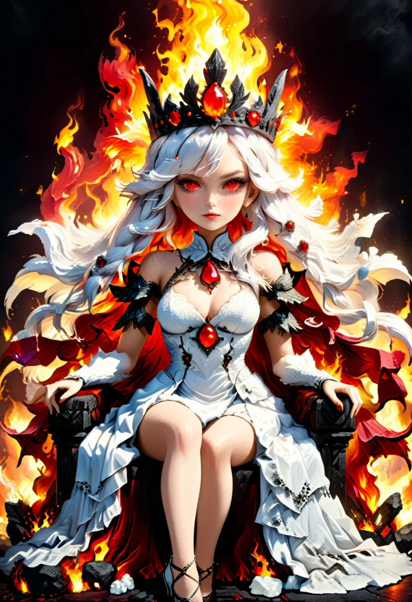 icture of a fire queen sitting on her fiery throne, a (fire queen: 1.2) wearing white dress, royal dress, glamorous dress, dynamic hair, she wear a crown, bold intense eyes, extremely exquisite beautiful queen, perfect body, (anatomically correct: 1.3), ultra feminine, ultra detailed face, red lips, fiery glowing eyes, she sits on a (fiery throne: 1.3) of magic, and might, throne carved from basalt, legendary symmetric design, with (many carvings in the marble: 1.3), (lava veins in the basalt and on the handles, decorated with rubies, and opal gems, goddess of fire fantasy hall room background, (masterpiece: 1.4) intense details, highly detailed, photorealistic, best quality, highres,16k, [ultra detailed], masterpiece, best quality, (extremely detailed), close up, ultra wide shot, photorealistic, RAW, fantasy art, dnd art, fantasy art, realistic art,((best quality)), ((masterpiece)), (detailed: 1.5), ral-ntrgmstn, faize