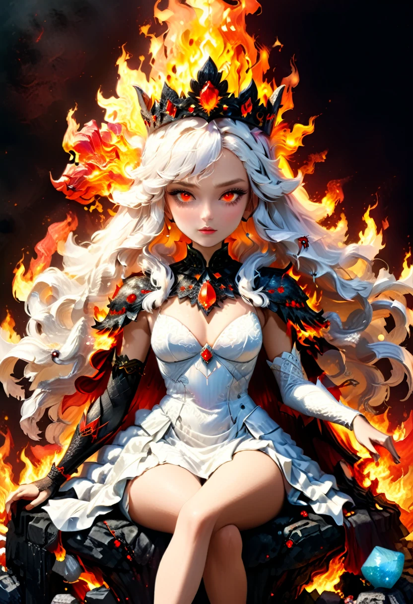 icture of a fire queen sitting on her fiery throne, a (fire queen: 1.2) wearing white dress, royal dress, glamorous dress, dynamic hair, she wear a crown, bold intense eyes, extremely exquisite beautiful queen, perfect body, (anatomically correct: 1.3), ultra feminine, ultra detailed face, red lips, fiery glowing eyes, she sits on a (fiery throne: 1.3) of magic, and might, throne carved from basalt, legendary symmetric design, with (many carvings in the marble: 1.3), (lava veins in the basalt and on the handles, decorated with rubies, and opal gems, goddess of fire fantasy hall room background, (masterpiece: 1.4) intense details, highly detailed, photorealistic, best quality, highres,16k, [ultra detailed], masterpiece, best quality, (extremely detailed), close up, ultra wide shot, photorealistic, RAW, fantasy art, dnd art, fantasy art, realistic art,((best quality)), ((masterpiece)), (detailed: 1.5), ral-ntrgmstn, faize