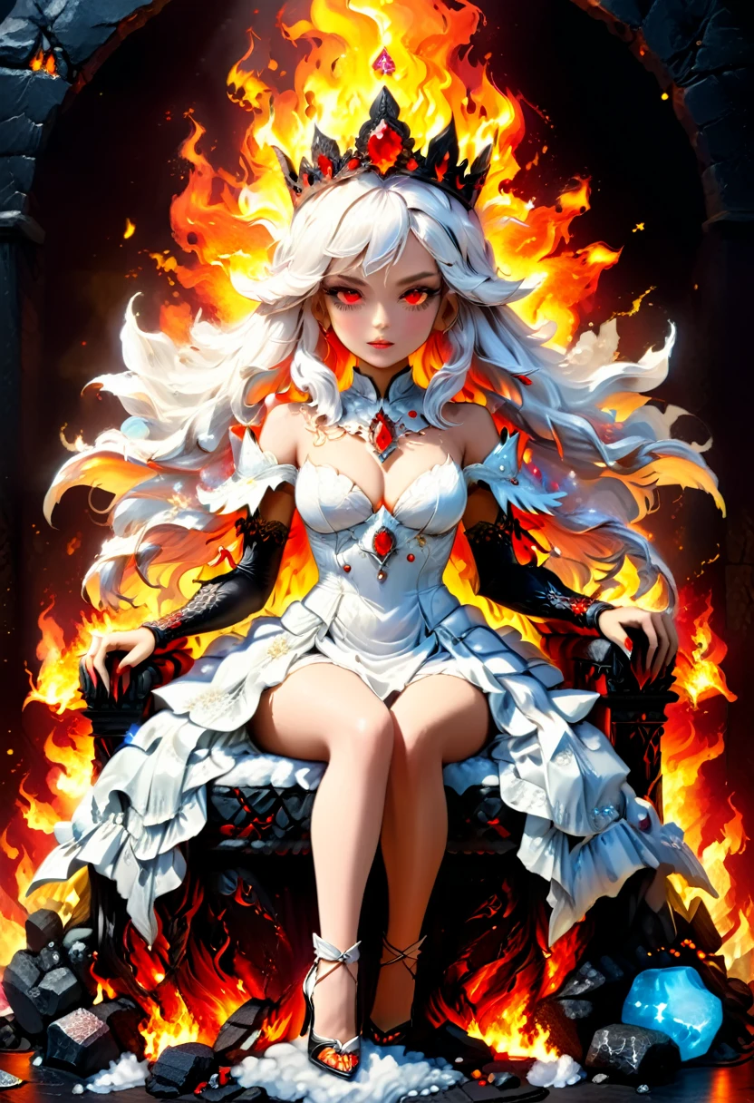icture of a fire queen sitting on her fiery throne, a (fire queen: 1.2) wearing white dress, royal dress, glamorous dress, dynamic hair, she wear a crown, bold intense eyes, extremely exquisite beautiful queen, perfect body, (anatomically correct: 1.3), ultra feminine, ultra detailed face, red lips, fiery glowing eyes, she sits on a (fiery throne: 1.3) of magic, and might, throne carved from basalt, legendary symmetric design, with (many carvings in the marble: 1.3), (lava veins in the basalt and on the handles, decorated with rubies, and opal gems, goddess of fire fantasy hall room background, (masterpiece: 1.4) intense details, highly detailed, photorealistic, best quality, highres,16k, [ultra detailed], masterpiece, best quality, (extremely detailed), close up, ultra wide shot, photorealistic, RAW, fantasy art, dnd art, fantasy art, realistic art,((best quality)), ((masterpiece)), (detailed: 1.5), ral-ntrgmstn, faize