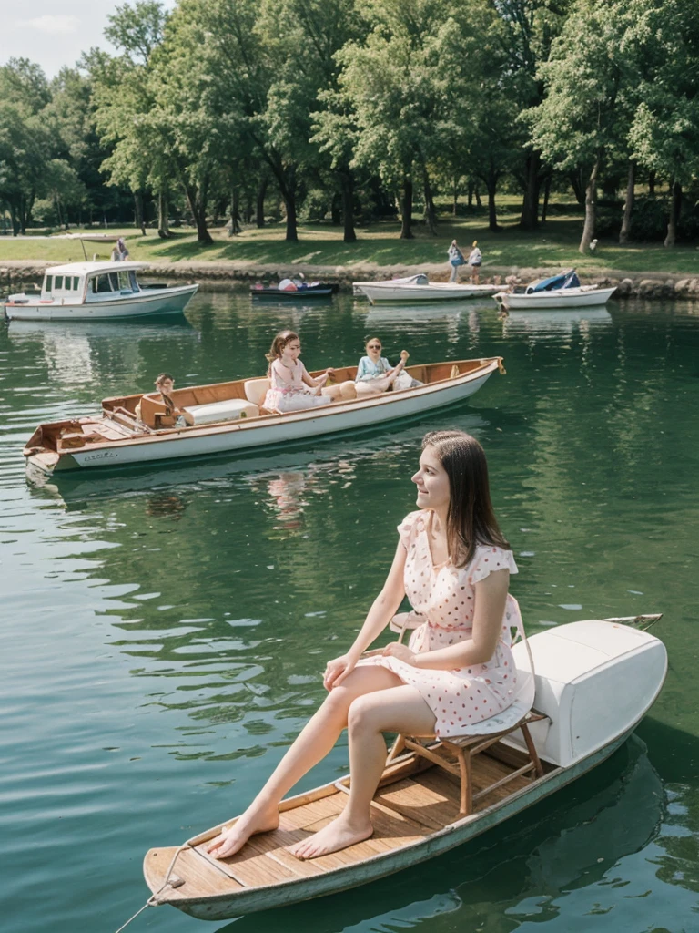 her name is Elle, high quality, 1girl, ((20-year-old fit Caucasian woman)), ((20 years old)), ((fit)), ((pale skin)), short length straight dark hair , wearing Pastel Mint Polka Dot Sundress, pose: sitting on a chair, background: Capture the serene beauty of a lakeside park in a European city, with people strolling along the paths, boats gently gliding on the water, and families enjoying picnics on the grass
