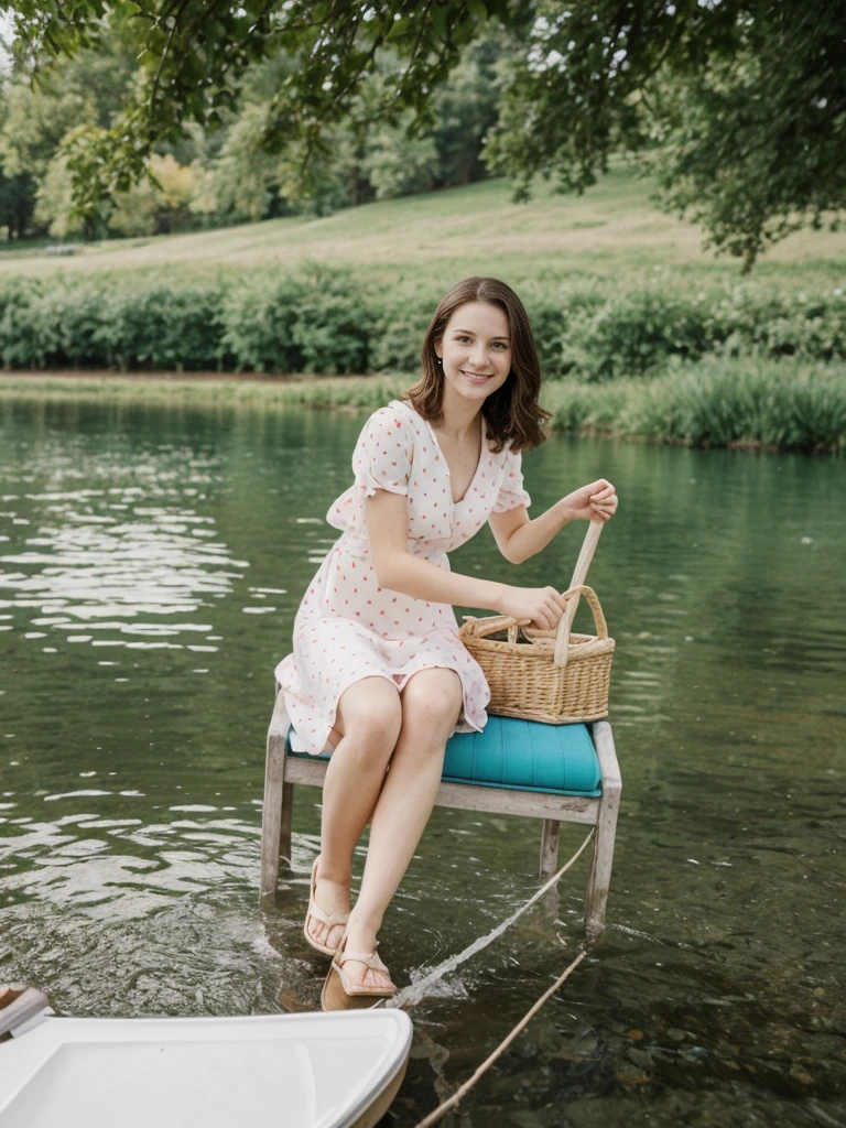 her name is Elle, high quality, 1girl, ((20-year-old fit Caucasian woman)), ((20 years old)), ((fit)), ((pale skin)), short length straight dark hair , wearing Pastel Mint Polka Dot Sundress, pose: sitting on a chair, background: Capture the serene beauty of a lakeside park in a European city, with people strolling along the paths, boats gently gliding on the water, and families enjoying picnics on the grass