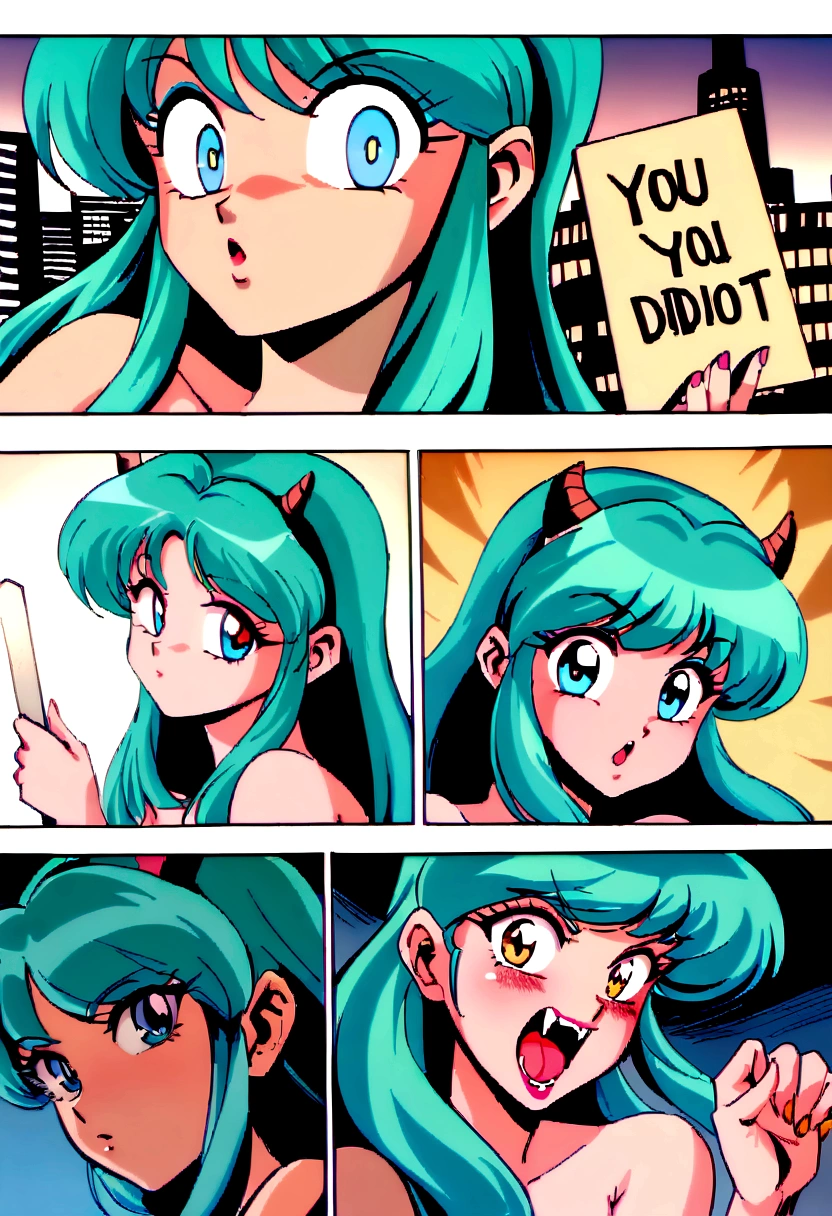 score_9, score_8_up, score_7_up, lum, retro artstyle, 1980s style, blue eyes, eyeshadow, green hair, long hair, bangs, tiny horns, aqua hair, dynamic angle, large round clear aviator glasses, (holding a sign with, text as "DARLING, you idiot!", style_bebas:1.2), looks at the viewer menacingly, aim your hands at the viewer, shoots lightning at the viewer, shocks the viewer with electricity, bares her fangs, Revolving Restaurant, China Central Television Tower, Beijing background, ExpressiveH, horny, vintage comic style,