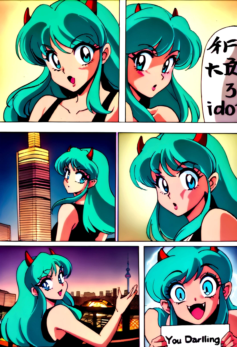 score_9, score_8_up, score_7_up, lum, retro artstyle, 1980s style, blue eyes, eyeshadow, green hair, long hair, bangs, tiny horns, aqua hair, dynamic angle, large round clear aviator glasses, (holding a sign with, text as "DARLING, you idiot!", style_bebas:1.2), looks at the viewer menacingly, aim your hands at the viewer, shoots lightning at the viewer, shocks the viewer with electricity, bares her fangs, Revolving Restaurant, China Central Television Tower, Beijing background, ExpressiveH, horny, vintage comic style,