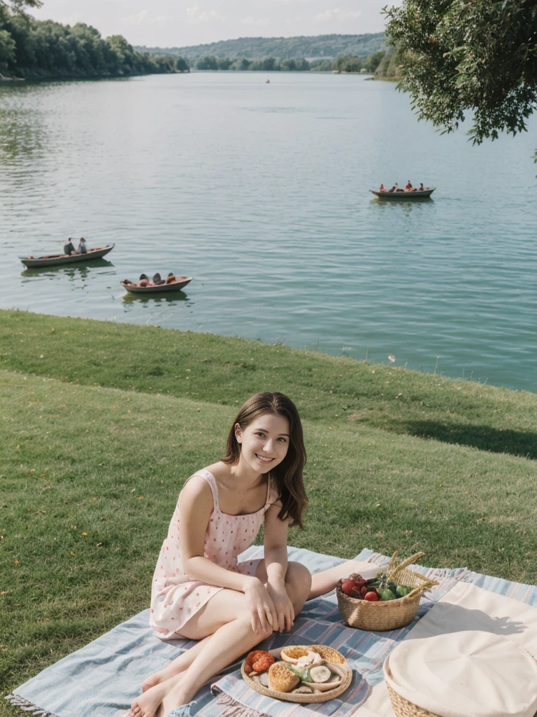 her name is Elle, high quality, 1girl, ((20-year-old fit Caucasian woman)), ((20 years old)), ((fit)), ((pale skin)), short length straight dark hair , wearing Pastel Mint Polka Dot Sundress, pose: sitting on a chair, background: Capture the serene beauty of a lakeside park in a European city, with people strolling along the paths, boats gently gliding on the water, and families enjoying picnics on the grass