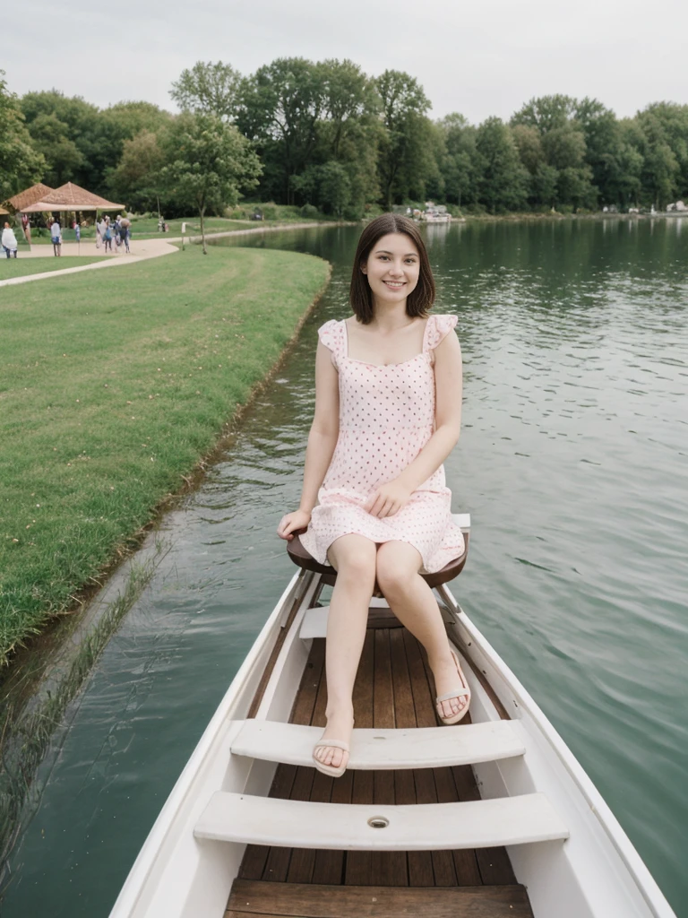 her name is Elle, high quality, 1girl, ((20-year-old fit Caucasian woman)), ((20 years old)), ((fit)), ((pale skin)), short length straight dark hair , wearing Pastel Mint Polka Dot Sundress, pose: sitting on a chair, background: Capture the serene beauty of a lakeside park in a European city, with people strolling along the paths, boats gently gliding on the water, and families enjoying picnics on the grass