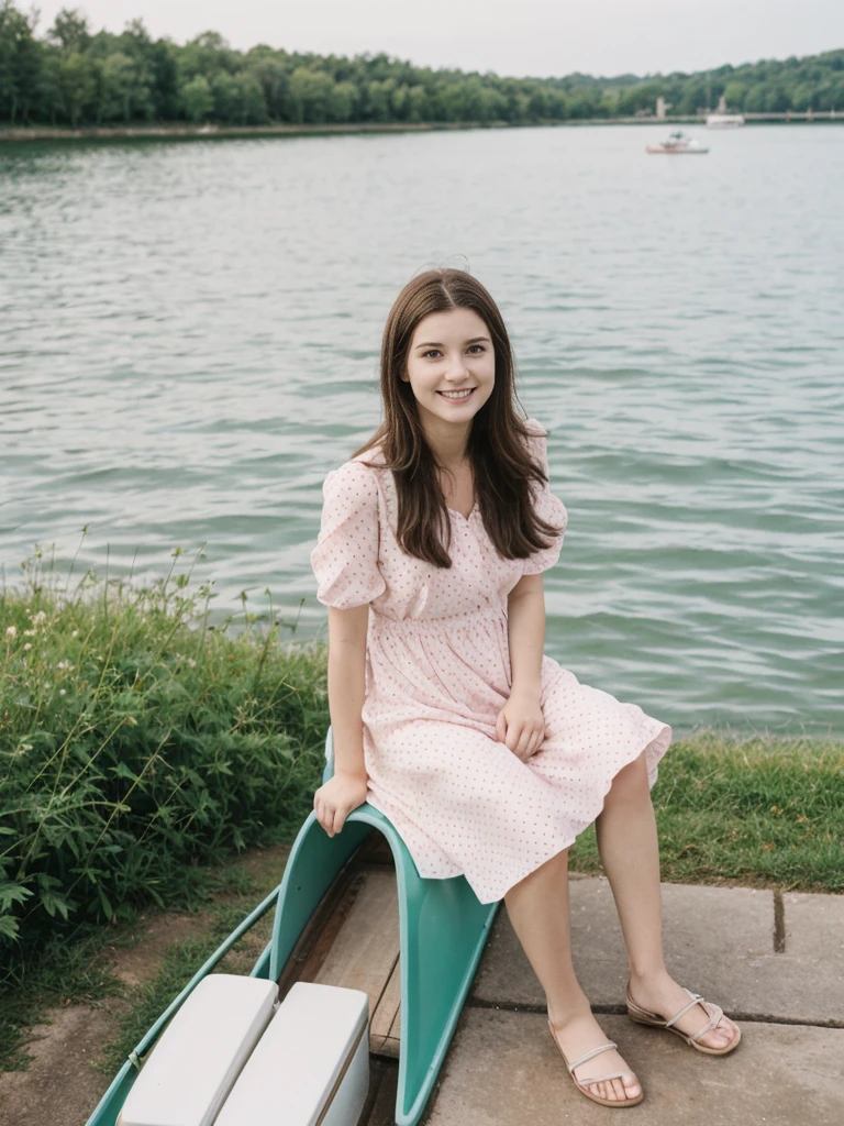 her name is Elle, high quality, 1girl, ((20-year-old fit Caucasian woman)), ((20 years old)), ((fit)), ((pale skin)), short length straight dark hair , wearing Pastel Mint Polka Dot Sundress, pose: sitting on a chair, background: Capture the serene beauty of a lakeside park in a European city, with people strolling along the paths, boats gently gliding on the water, and families enjoying picnics on the grass