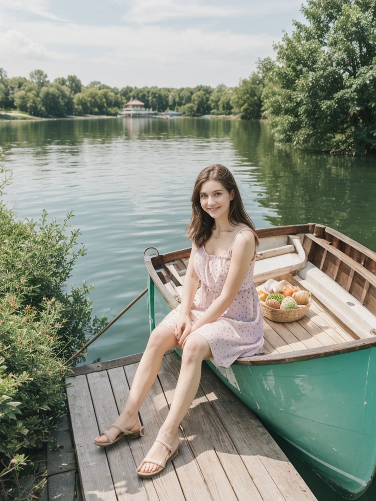 her name is Elle, high quality, 1girl, ((20-year-old fit Caucasian woman)), ((20 years old)), ((fit)), ((pale skin)), short length straight dark hair , wearing Pastel Mint Polka Dot Sundress, pose: sitting on a chair, background: Capture the serene beauty of a lakeside park in a European city, with people strolling along the paths, boats gently gliding on the water, and families enjoying picnics on the grass