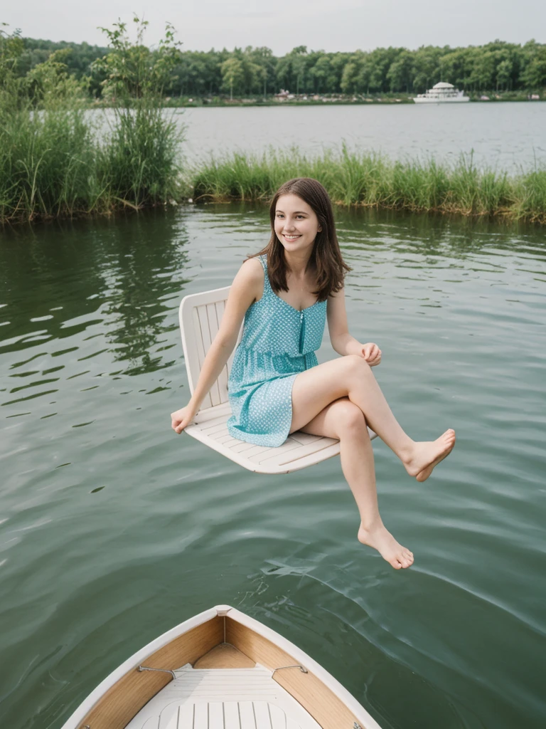 her name is Elle, high quality, 1girl, ((20-year-old fit Caucasian woman)), ((20 years old)), ((fit)), ((pale skin)), short length straight dark hair , wearing Pastel Mint Polka Dot Sundress, pose: sitting on a chair, background: Capture the serene beauty of a lakeside park in a European city, with people strolling along the paths, boats gently gliding on the water, and families enjoying picnics on the grass