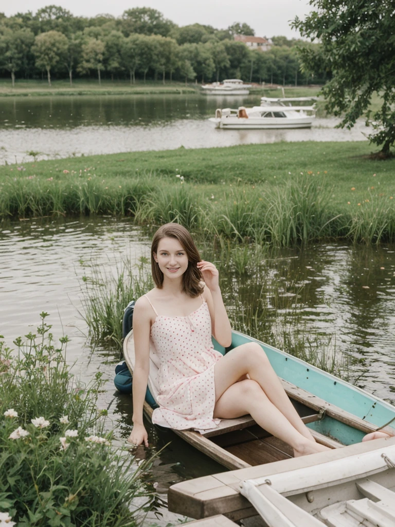 her name is Elle, high quality, 1girl, ((20-year-old fit Caucasian woman)), ((20 years old)), ((fit)), ((pale skin)), short length straight dark hair , wearing Pastel Mint Polka Dot Sundress, pose: sitting on a chair, background: Capture the serene beauty of a lakeside park in a European city, with people strolling along the paths, boats gently gliding on the water, and families enjoying picnics on the grass