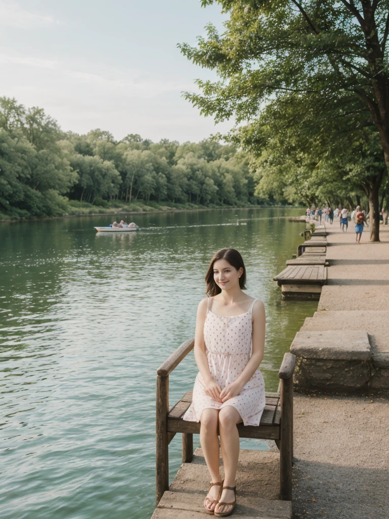 her name is Elle, high quality, 1girl, ((20-year-old fit Caucasian woman)), ((20 years old)), ((fit)), ((pale skin)), short length straight dark hair , wearing Pastel Mint Polka Dot Sundress, pose: sitting on a chair, background: Capture the serene beauty of a lakeside park in a European city, with people strolling along the paths, boats gently gliding on the water, and families enjoying picnics on the grass