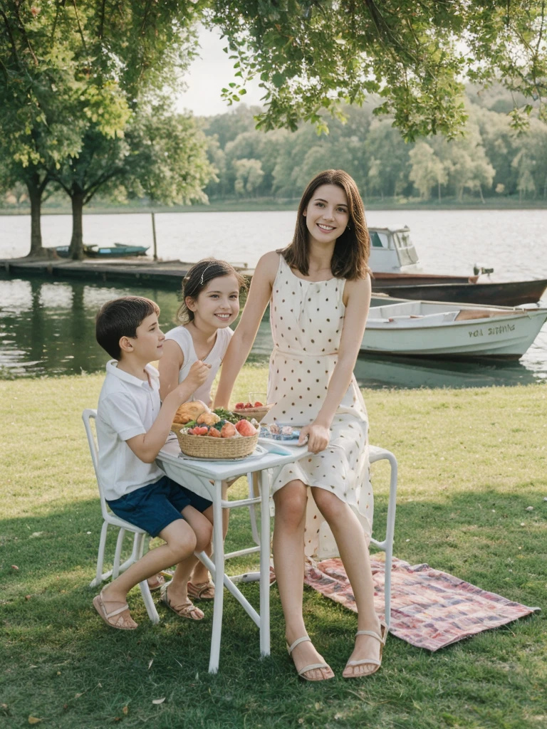 Russian plump woman with short brown hair in Russian clothes with a little girl sitting on a picnic in nature, Russian samovar, full-face faces, from a lower angle