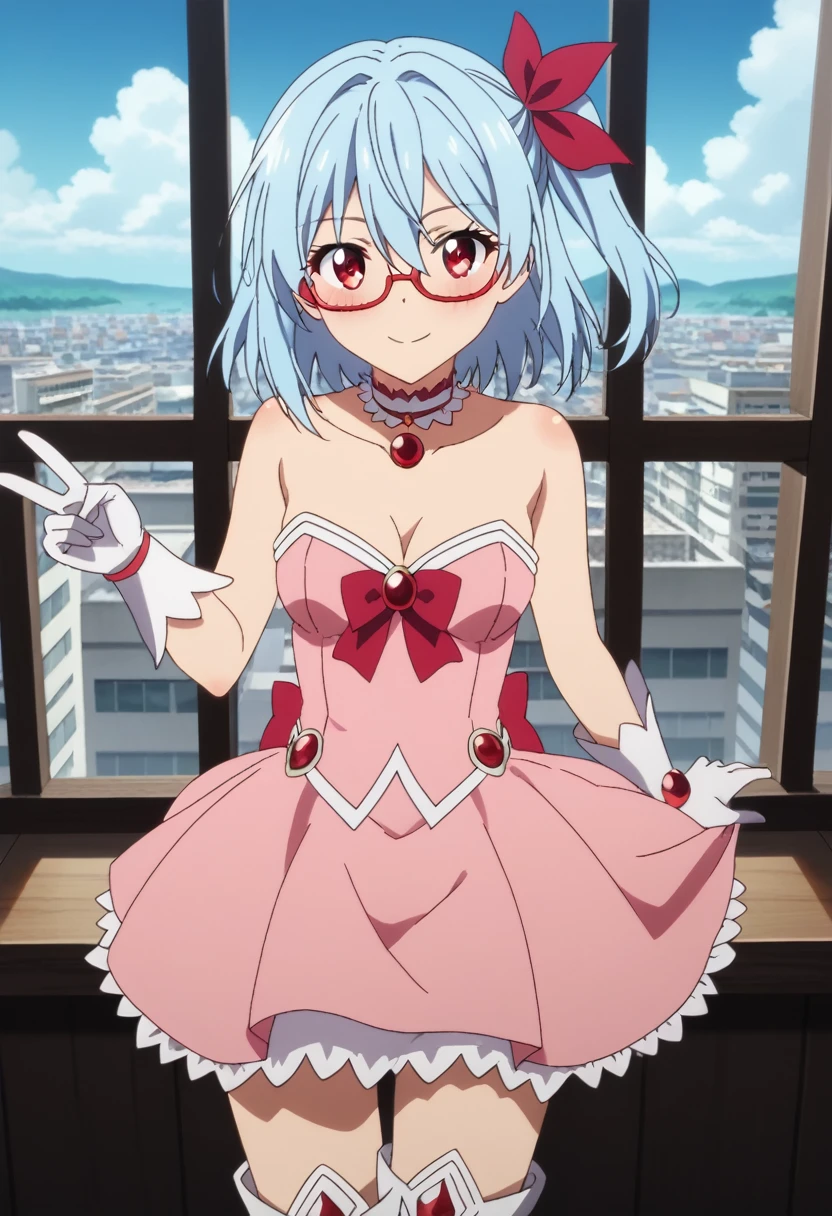 score_9, score_8_up, score_7_up, score_6_up, source anime BREAK, anime screencap, dynamic shadows, atmosferic, 1girl, solo, (red eyes:1.5), detailed eyes, light blue hair, medium hair, one side up , bangs, hair between eyes, hair ribbons, pink dress, magical girl dress, strapless, choker, white gloves, glasses, white boots, thighs, medium breasts, blush, smile, sexy, collarbone, cleavage, ((cowboy shot)), ((from front)), window, city, sky, clouds, night, (v), (looking at viewer:1.0)