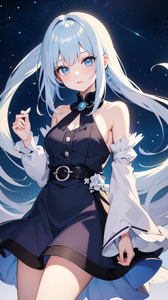 Anime girl with half blue hair and half white hair observing a starry night with a combination of very beautiful colors in the sky