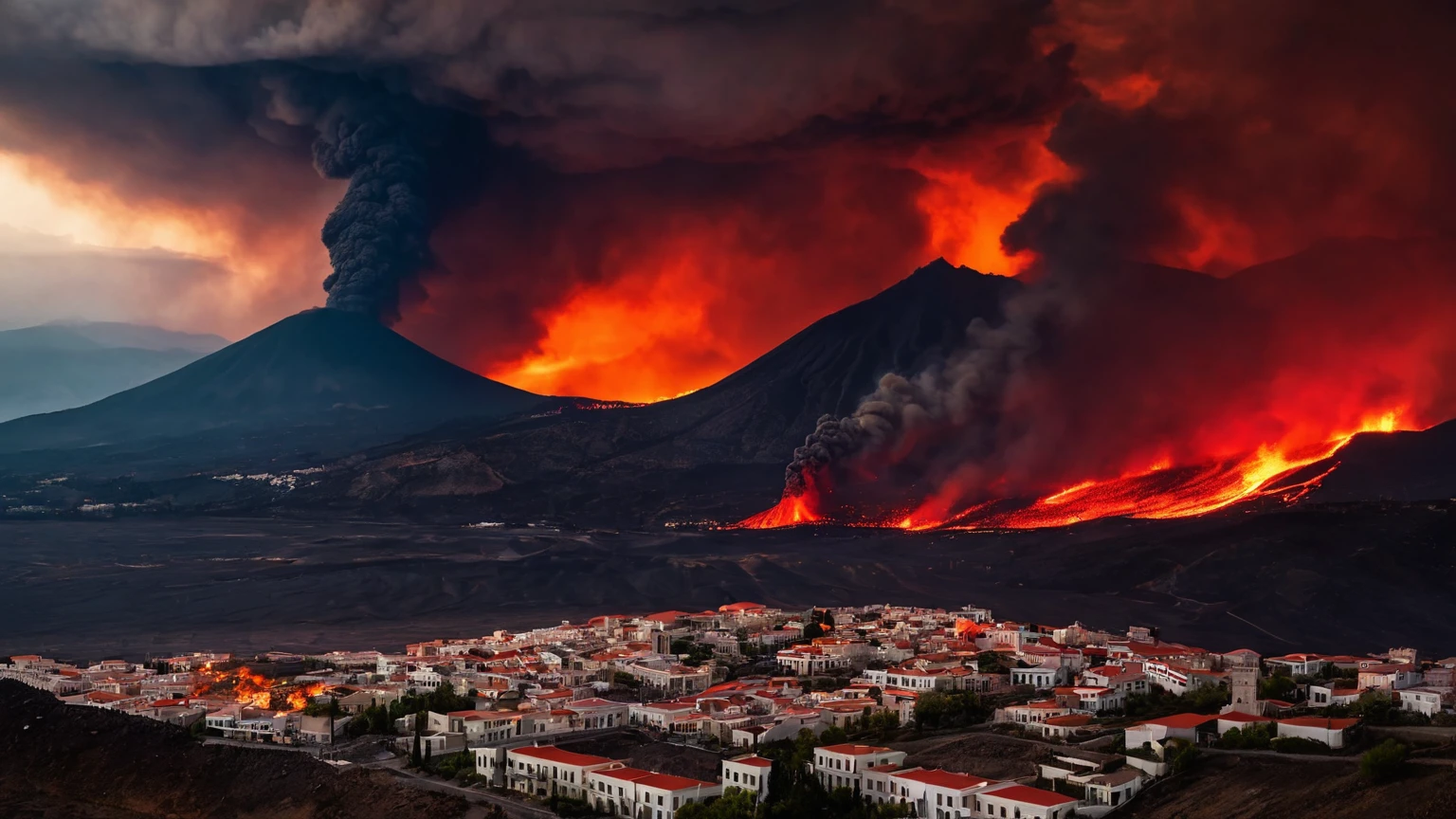 burning greek city, buildings on fire, fire in the sky, brimstone mountains, fire, smoke, lava, volcanos, flaming fields of torment, wildfires, hell, dark red storm clouds, darkness, inferno, background