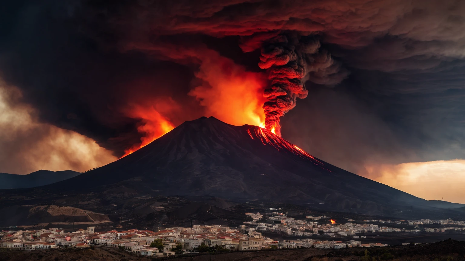 burning greek city, buildings on fire, fire in the sky, brimstone mountains, fire, smoke, lava, volcanos, flaming fields of torment, wildfires, hell, dark red storm clouds, darkness, inferno, background