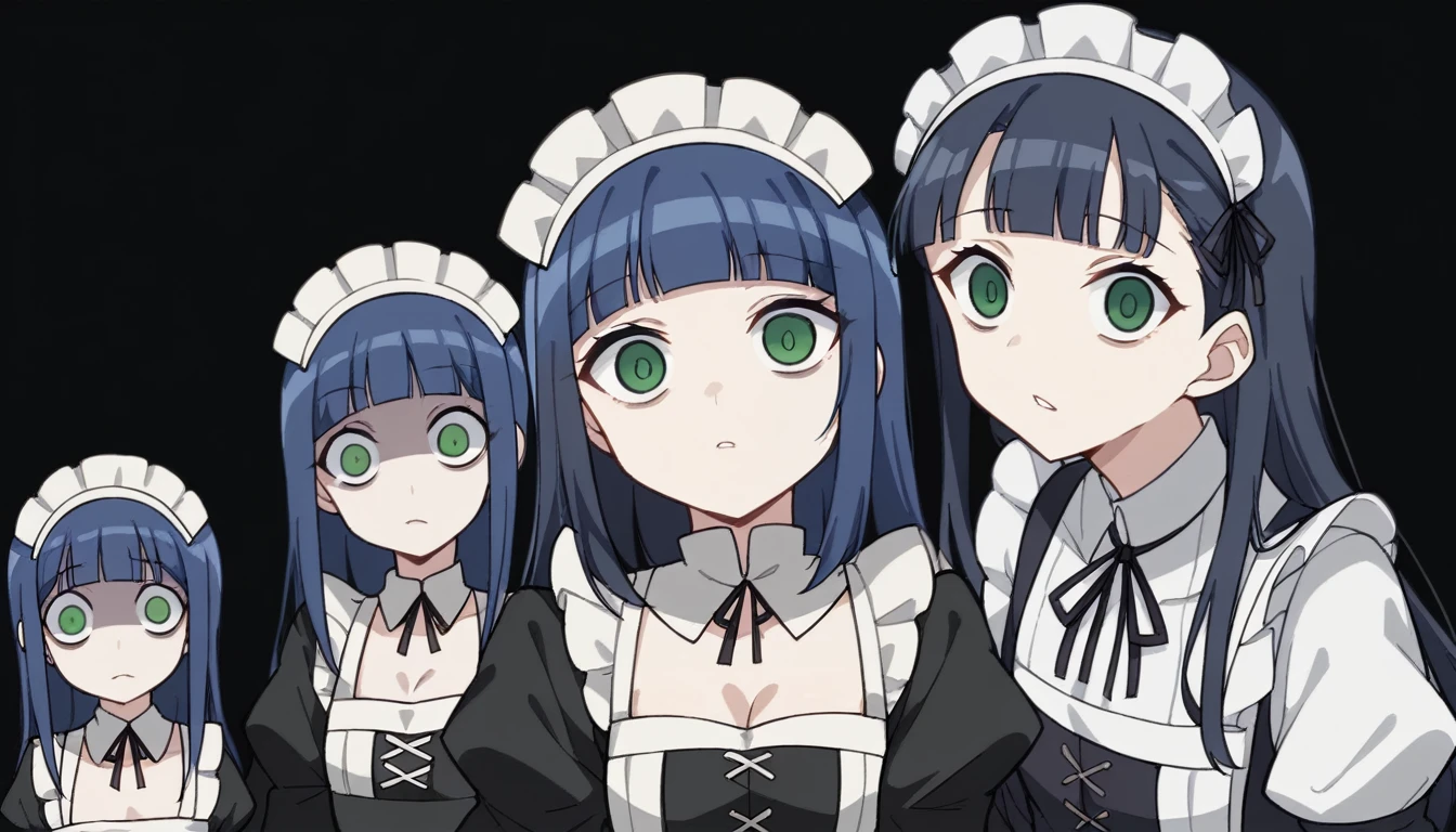 女の子1人, ((T Masterpiece，8KWallpaper，Best Quality、girl１people、13 years old, Childlike))、(Dark Blue Hair、long, Blunt Bangs),((Hollow Eyes,Green Eyes, Dashed eyes))、Small breasts 、The line of sight is this, (Yandere)、Maid clothes、Close-up of face、Black Background、Insanity、Dark Persona、Cleavage、The background is a large medieval mansion.、Late Night