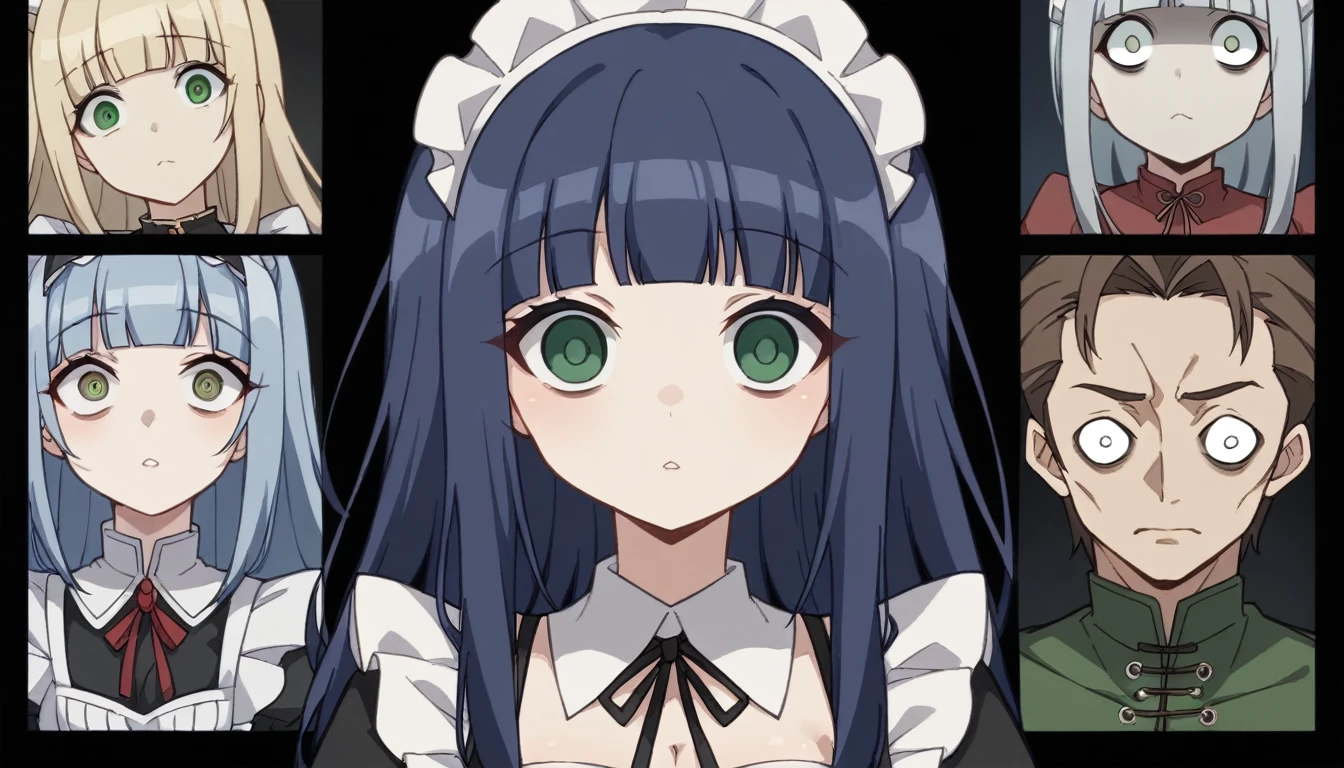 女の子1人, ((T Masterpiece，8KWallpaper，Best Quality、girl１people、13 years old, Childlike))、(Dark Blue Hair、long, Blunt Bangs),((Hollow Eyes,Green Eyes, Dashed eyes))、Small breasts 、The line of sight is this, (Yandere)、Maid clothes、Close-up of face、Black Background、Insanity、Dark Persona、Cleavage、The background is a large medieval mansion.、Late Night