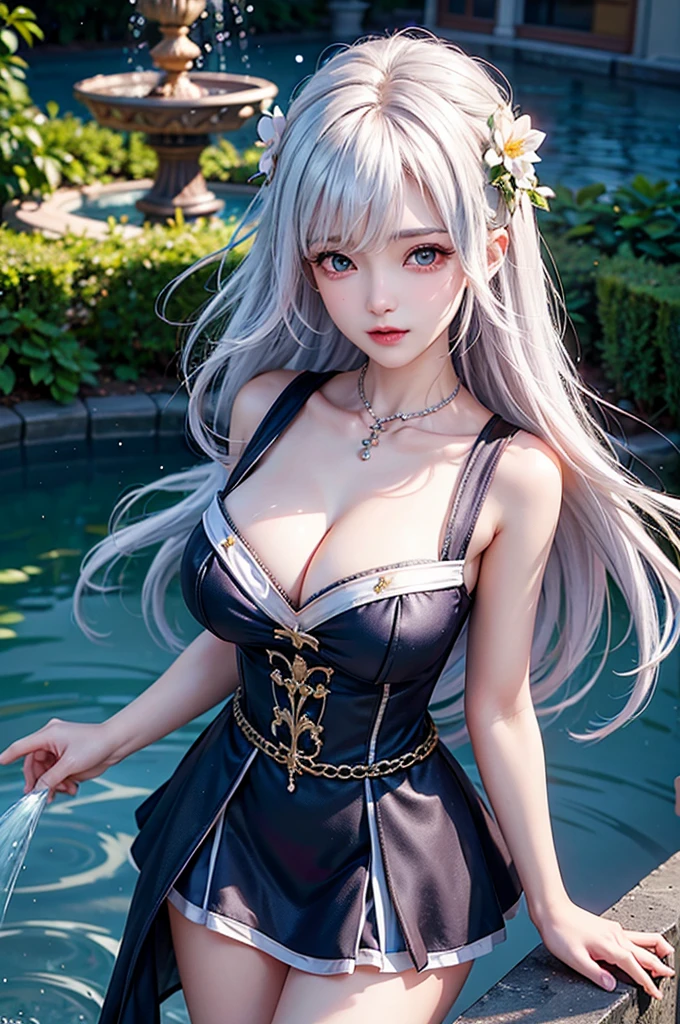 (Image above the chest)((masterpiece:1.5,Highest quality,Highly detailed images,Beautiful images、Realistic、Photorealistic、2.5D))(1girl, 独奏,)(Adult women、large , white hair, beautiful eyes、Beautiful cleavaghe-shoulder dress、black dress:1.5, Deep slit)(smile, wind, floating hair)(bright、Soft lighting、garden、water fountain)