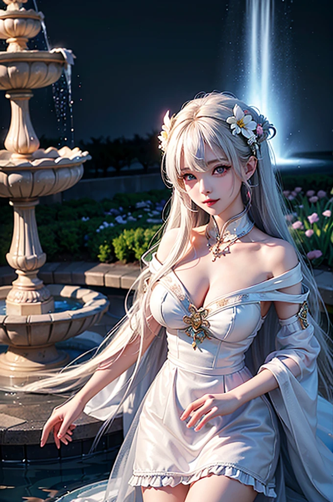 (Image above the chest)((masterpiece:1.5,Highest quality,Highly detailed images,Beautiful images、Realistic、Photorealistic、2.5D))(1girl, 独奏,)(Adult women、large breasts, white hair, beautiful eyes、Beautiful cleavage)(Off-the-shoulder dress、black dress:1.5, Deep slit)(smile, wind, floating hair)(bright、Soft lighting、garden、water fountain)