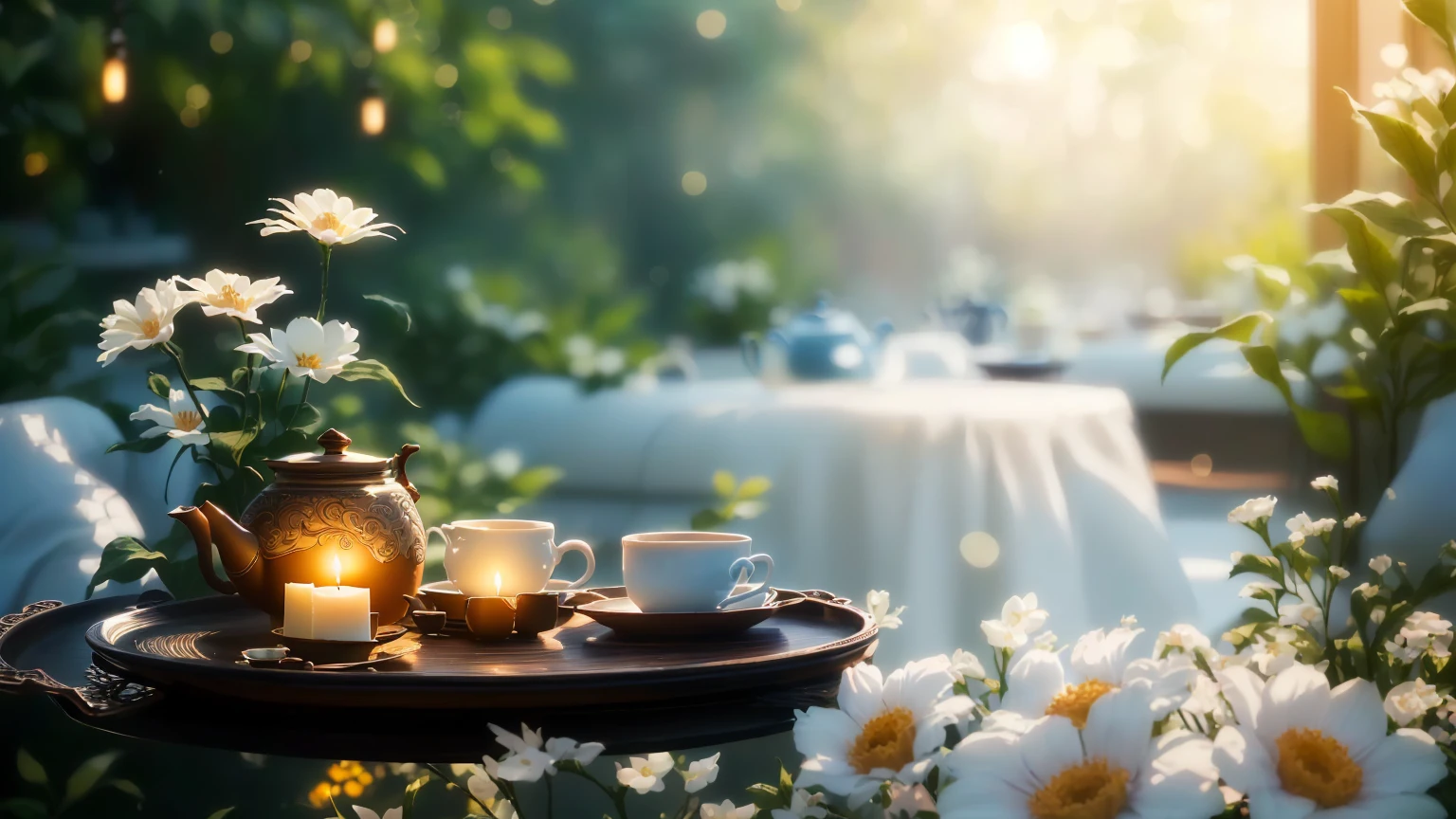 Candle,There is a tray with a teapot and cups on it., summer Morning light, Cozy cafe background, radiant Morning light, Relaxed atmosphere, soft Morning light, sunny Morning light, Morning sunlight, Morning atmosphere, Morning light, Beautiful atmosphere, cinematic Morning light, Peaceful atmosphere, Warm and fun atmosphere, cozy and Peaceful atmosphere, Peaceful atmosphere, Afternoon sunshine