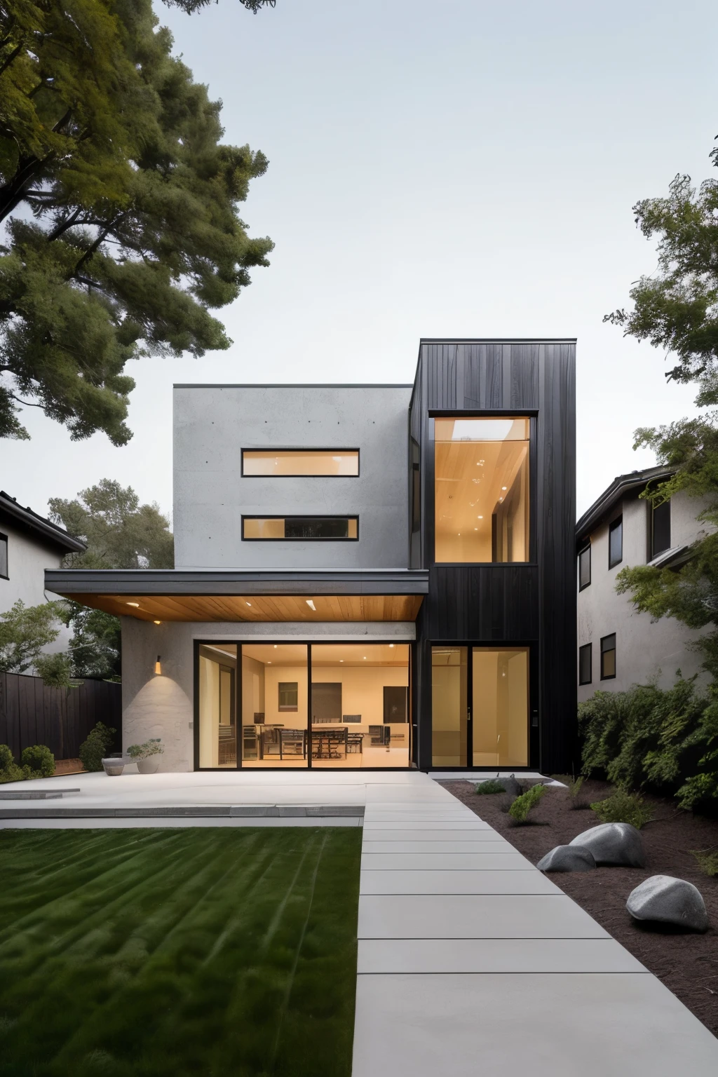 ((mejor calidad)), ((Obra maestra)), (detallado), a photograph of a modern two-story house with a flat roof, featuring large glass windows and a stone facade. The house has a sleek design with clean lines and a contemporary architectural style, in a strret outside newyork, fran slivestre architect.