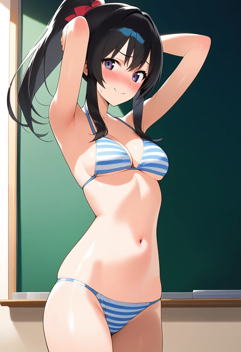score_9, score_8_up, score_7_up, BREAK source_anime, rating_explicit, best quality, masterpiece, uncensored, 1girl, black hair, ponytail, bikini, embarrassed smile, arms behind head, standing, classroom, blackboard, cowboy shot