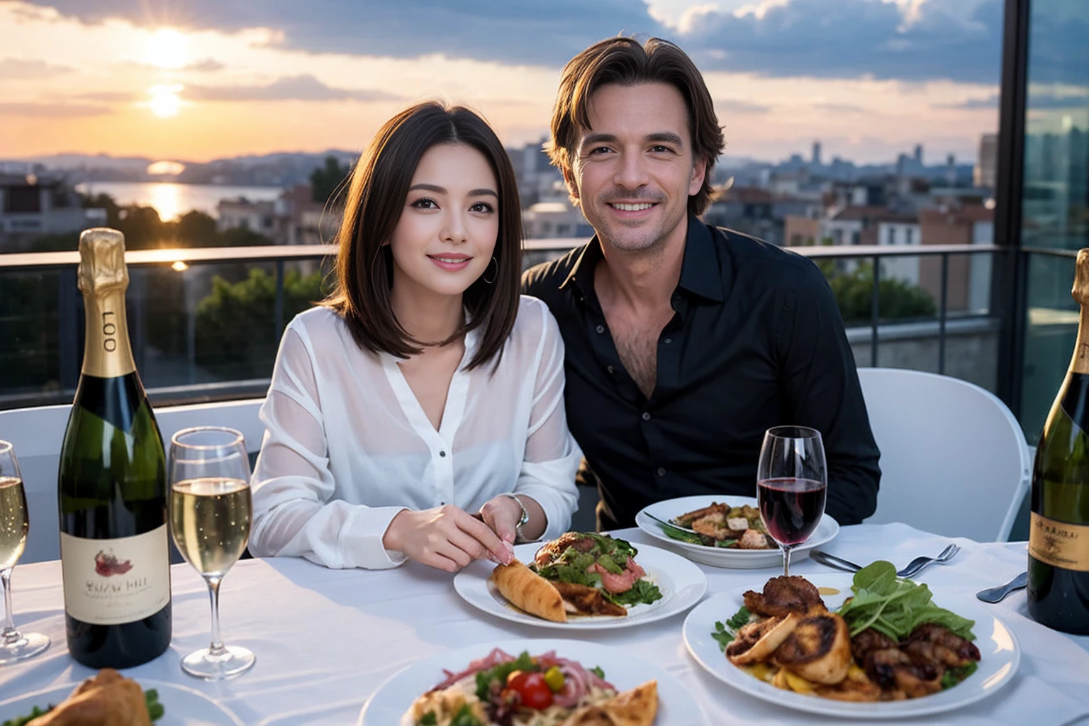 ((Highest quality、8K、masterpiece:1.3))、1 male、1 female、Slim lover、Beautiful couple、smile、full-course dinner、 (Slim face), (the body is スリム), (Brown Hair), (Shortcuts), ((Bob Hale、Straight hair:1.2)), テーブルの上のwine glass、Put the light on your face、 Amazing view of the sunset sky and clouds、smileの美しさ、Bright image、Blushing, Shortcuts, (43 years old), 39 years old, Appetizers、Italian food、Wine bottle、Champagne、sparkling wine、Long sleeve shirt、dress、Attractive beauty、restaurant, Nova Frog Style, actress, model, Upper Body, White wine, red wine, wine glass, 