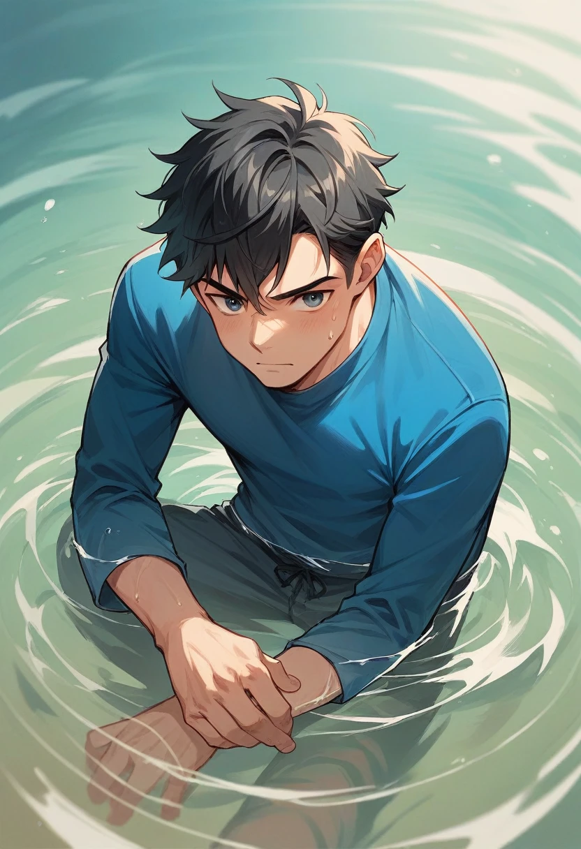  Create a photo of a guy in the water with blue clothes and black hair eyes like he&#39;s Matthew Daddario in Percy Jackson mode 