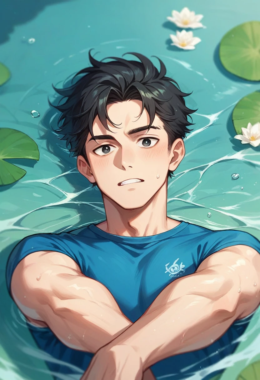 Create a photo of a guy in the water with blue clothes and black hair eyes like he's Matthew Daddario in Percy Jackson mode