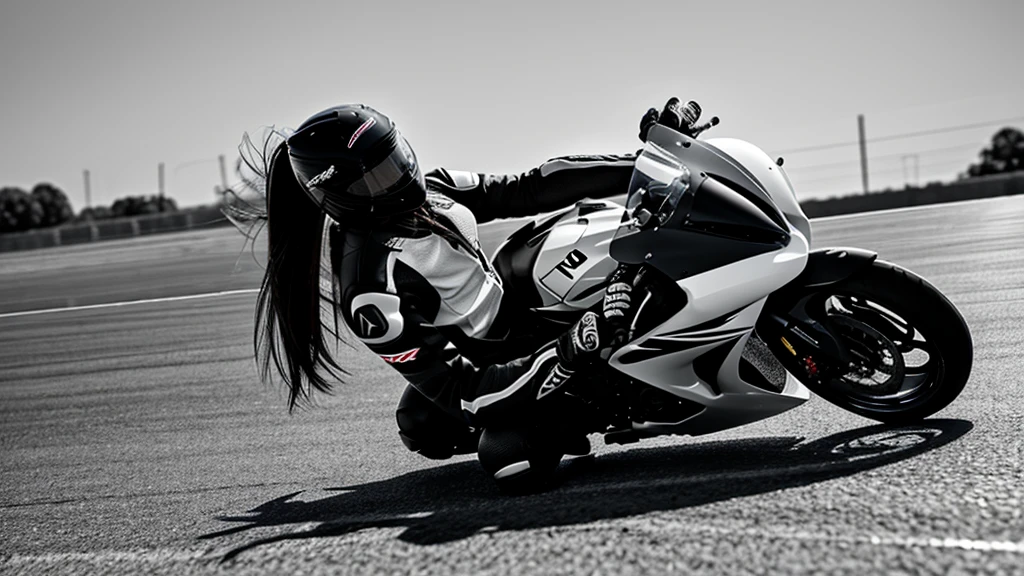 Arafed woman riding a motorcycle on a track black and white silhouette racing honda cbr long hair in wind