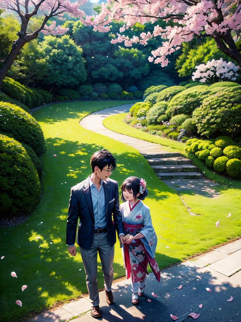 Highest quality,Highest Resolution,A Japanese couple pushing a stroller along a green path in Japan with flower petals falling,