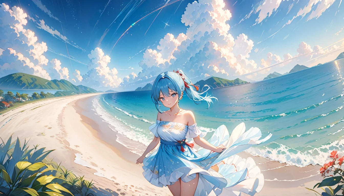 (Highest quality、8K、masterpiece、Super detailed:1.2)、Cinematic Angle、Cowboy Shot、Particles of light、Sparkle、Beautiful details in the eyes、Shiny skin、Shiny Hair、Light blue hair、Good eyes、Side Ponytail、Starry sky print、 Day、まだらのDay光、Blue sky、Beautiful Clouds、Beach、Wide Shot、Depth of written boundary、Blurred、Ocean、Distant islands、 1girl, solo, sexy, rib, cute, clavicle, (whole body)