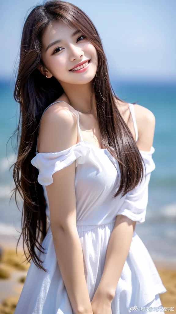 Tabletop、(Highest quality、4K、8K、High resolution、Masterpiece: 1.2)、Super detailed、(Real、Photorealistic、Photorealistic: 1.37)、Full Body Shot、Complex and beautiful eyes、woman、long hair、Natural color lip、whiteTshirt、Bold and sexy pose、smile、Ocean、20 year old girl、A cute and sexy shot looking straight at the camera。