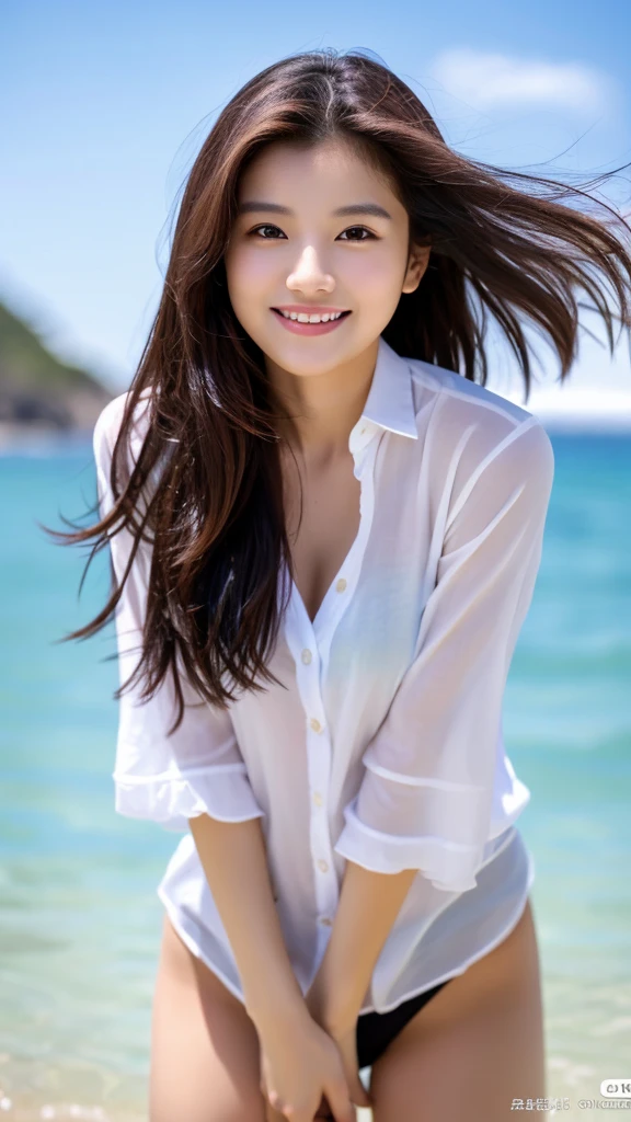 Tabletop、(Highest quality、4K、8K、High resolution、Masterpiece: 1.2)、Super detailed、(Real、Photorealistic、Photorealistic: 1.37)、Full Body Shot、Complex and beautiful eyes、woman、long hair、Natural color lip、whiteTshirt、Bold and sexy pose、smile、Ocean、20 year old girl、A cute and sexy shot looking straight at the camera。