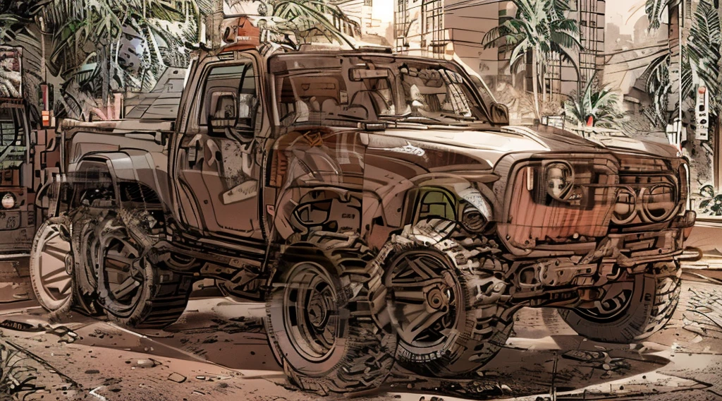 ((Best Quality)), ((masterpiece)), Highly detailed, 8K, red 6x6 heavy pickup truck, red dirty matte paint, boxy angles, boxy 80s design, ((2 pairs of back wheels:1.3)), bright showroom, cel-shaded, line art, bold black outlines, comic style, inkpunk, bright photoshoot lighting, ((isometric symmetry:1.2))