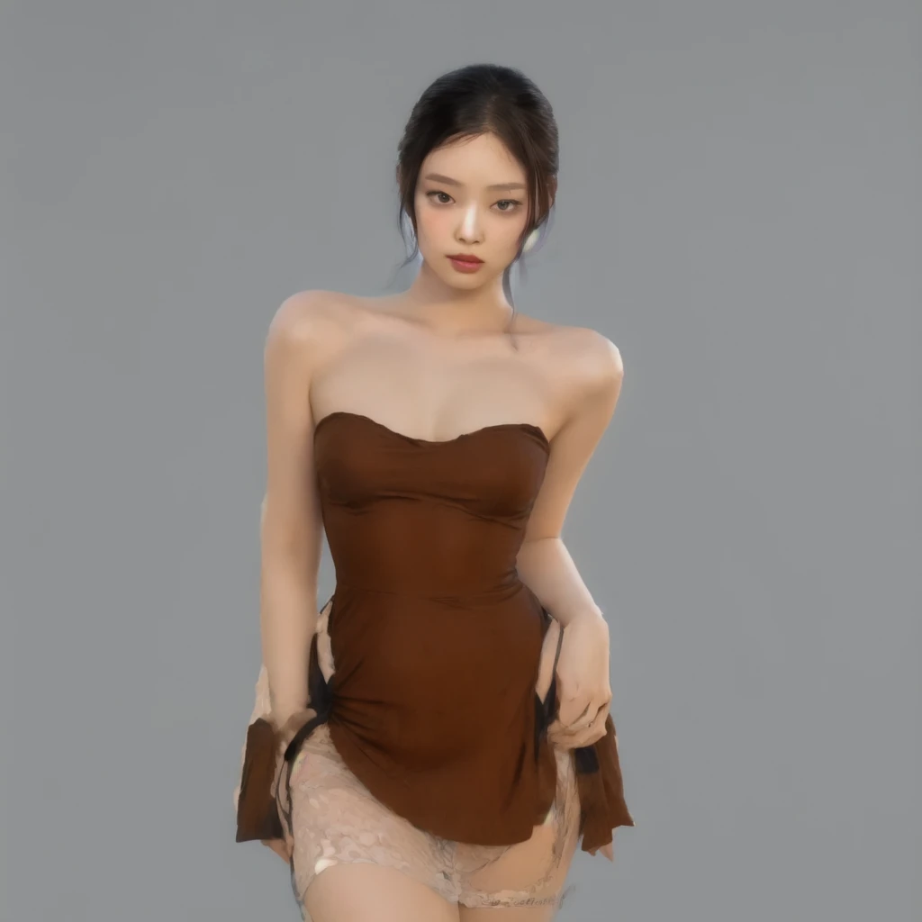 There is a woman in a brown dress posing for a photo, digital art of an elegant, deviantart art station cgscosiety, y dress, [ Artedigital 4K ]!!, succubus in short tight dress, photorealistic perfect body, chica sexslim girl model photo, korean female fashion model, trend on cgstation, Jennie Kim from black pink, detailed face, high quality 