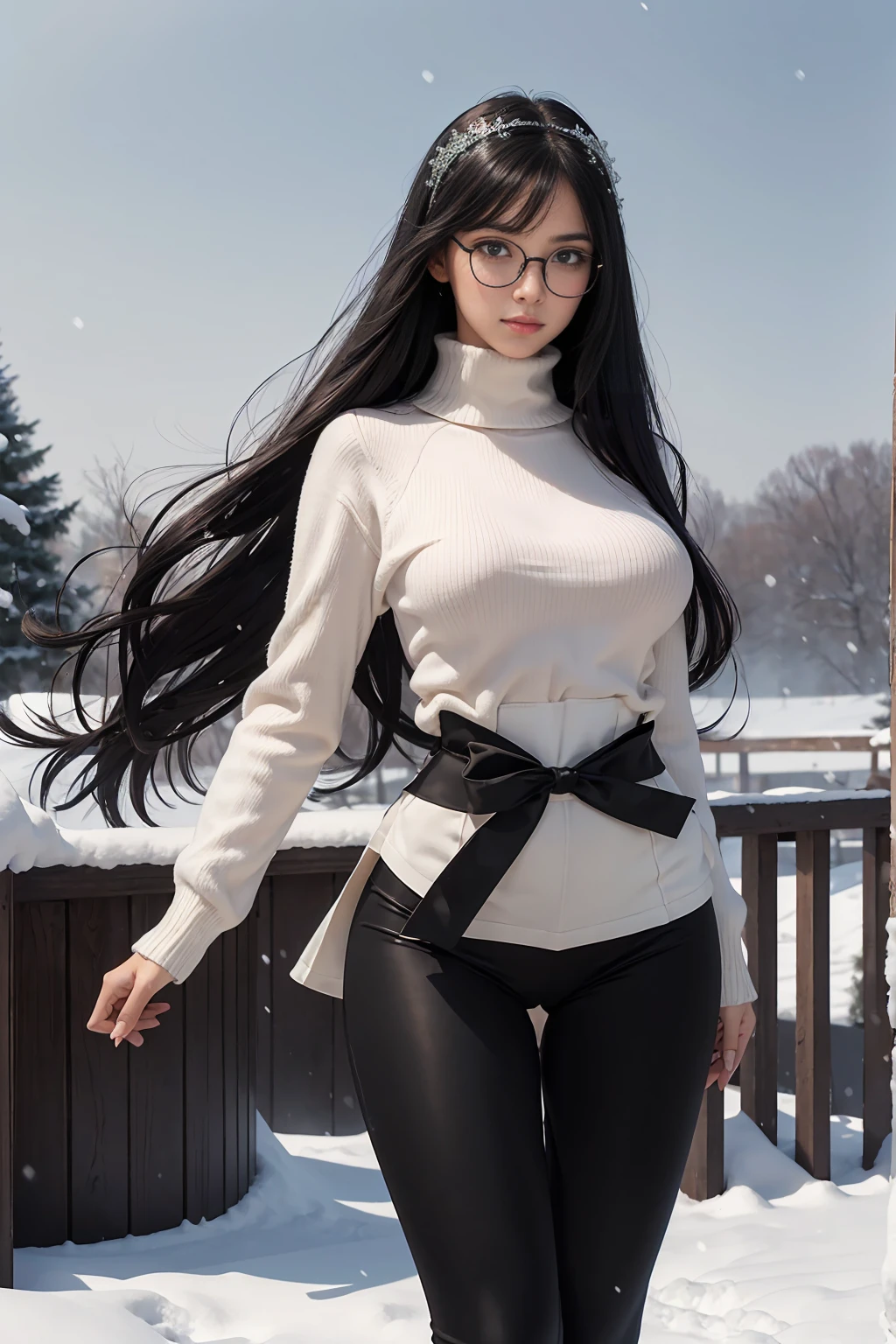 (Best quality,A high resolution:1.2), ultra detailed, Realistic portrait, hot russian girl, Beautiful face, perfect long legs, whole body, Thin waist. big breasts, standing, slim fit white cropped jumper, black high waist leggings, pink and white winter boots, In the snow, big Blue eyes, long black hair, tied with ribbon,slim waist, no skirt, wool socks, hair bangs, snowing, Foggy, (large round glasses with black frames), Lingerie