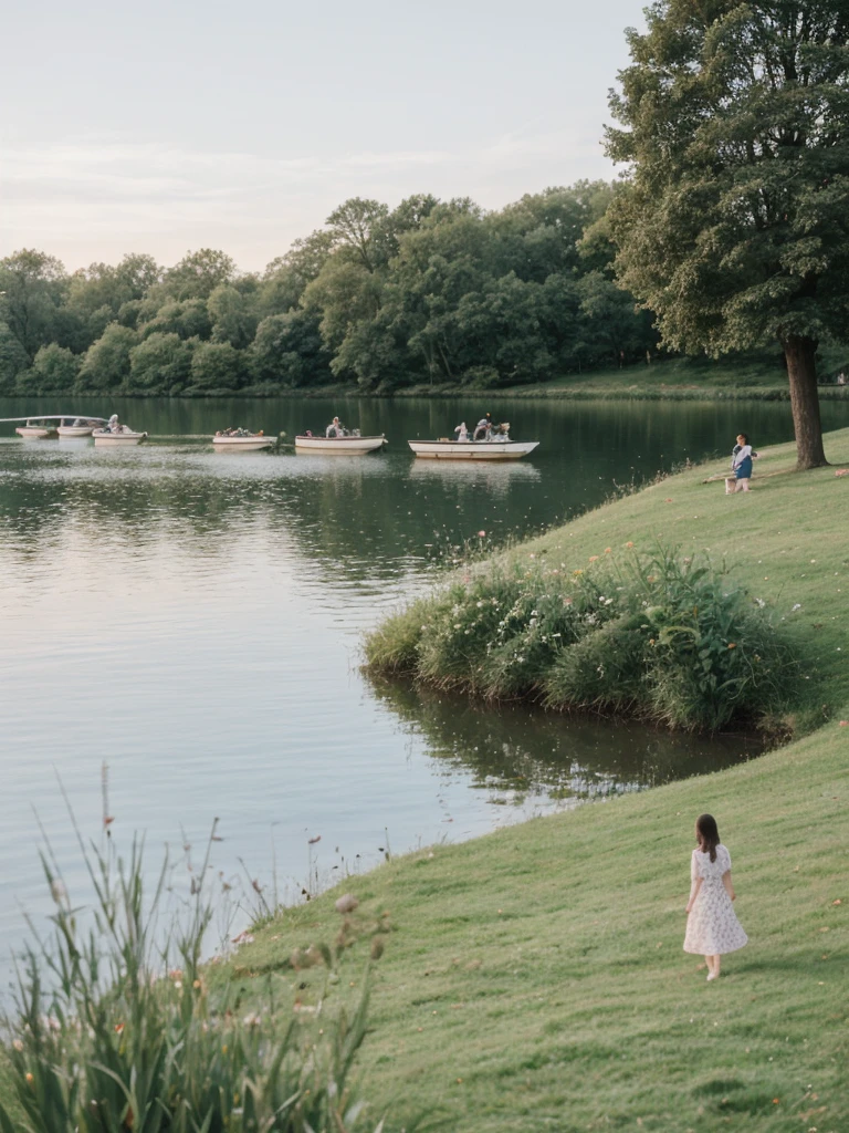 her name is Elle, high quality, 1girl, ((20-year-old fit Caucasian woman)), ((20 years old)), ((fit)), ((pale skin)), short length straight dark hair , wearing Pastel Mint Polka Dot Sundress, pose: standing, background: Capture the serene beauty of a lakeside park in a European city, with people strolling along the paths, boats gently gliding on the water, and families enjoying picnics on the grass