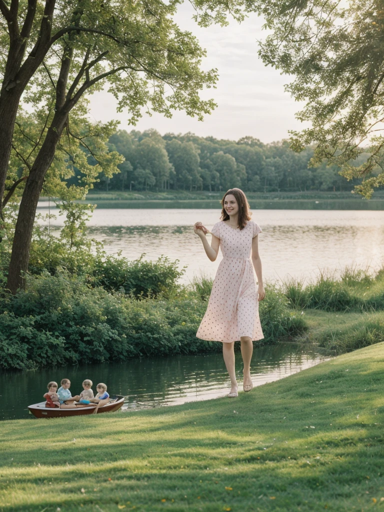 her name is Elle, high quality, 1girl, ((20-year-old fit Caucasian woman)), ((20 years old)), ((fit)), ((pale skin)), short length straight dark hair , wearing Pastel Mint Polka Dot Sundress, pose: standing, background: Capture the serene beauty of a lakeside park in a European city, with people strolling along the paths, boats gently gliding on the water, and families enjoying picnics on the grass