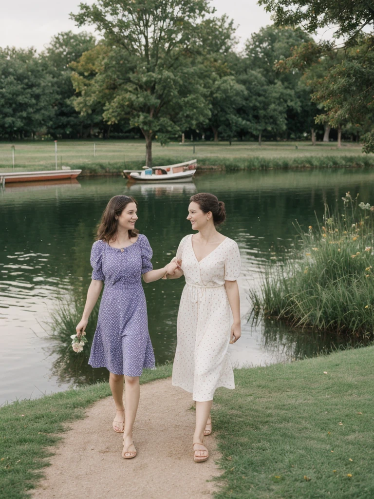 her name is Elle, high quality, 1girl, ((20-year-old fit Caucasian woman)), ((20 years old)), ((fit)), ((pale skin)), short length straight dark hair , wearing Pastel Mint Polka Dot Sundress, pose: standing, background: Capture the serene beauty of a lakeside park in a European city, with people strolling along the paths, boats gently gliding on the water, and families enjoying picnics on the grass