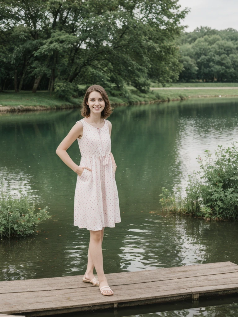 her name is Elle, high quality, 1girl, ((20-year-old fit Caucasian woman)), ((20 years old)), ((fit)), ((pale skin)), short length straight dark hair , wearing Pastel Mint Polka Dot Sundress, pose: standing, background: Capture the serene beauty of a lakeside park in a European city, with people strolling along the paths, boats gently gliding on the water, and families enjoying picnics on the grass