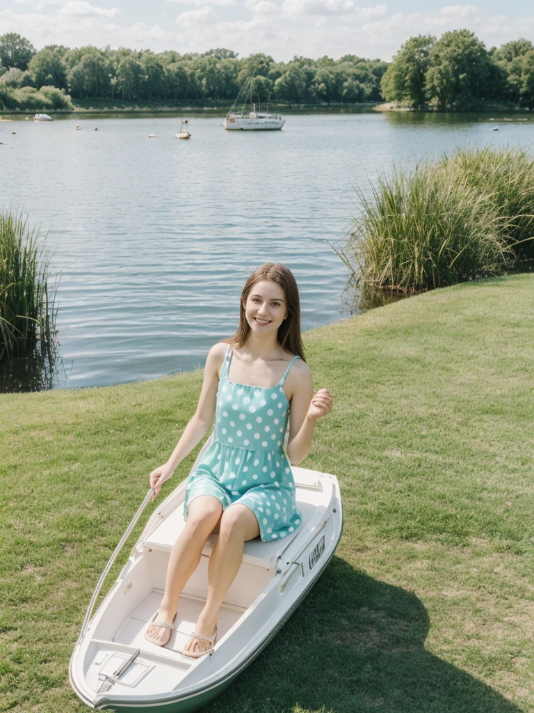 her name is Elle, high quality, 1girl, ((20-year-old fit Caucasian woman)), ((20 years old)), ((fit)), ((pale skin)), short length straight dark hair , wearing Pastel Mint Polka Dot Sundress, pose: standing, background: Capture the serene beauty of a lakeside park in a European city, with people strolling along the paths, boats gently gliding on the water, and families enjoying picnics on the grass
