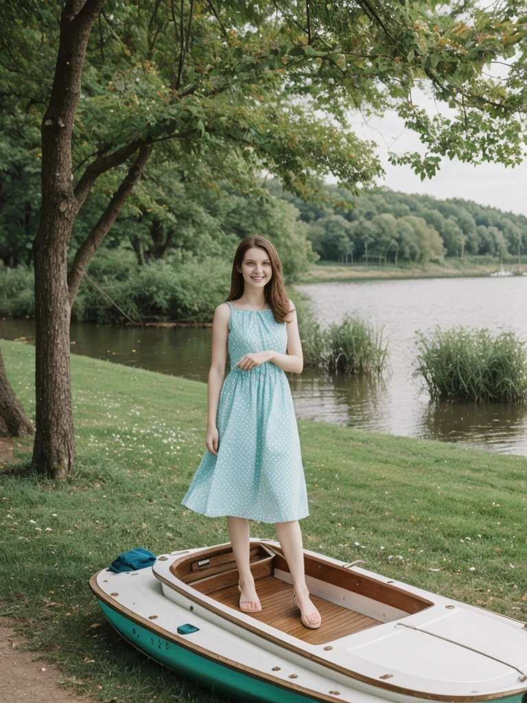 her name is Elle, high quality, 1girl, ((20-year-old fit Caucasian woman)), ((20 years old)), ((fit)), ((pale skin)), short length straight dark hair , wearing Pastel Mint Polka Dot Sundress, pose: standing, background: Capture the serene beauty of a lakeside park in a European city, with people strolling along the paths, boats gently gliding on the water, and families enjoying picnics on the grass